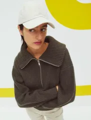 H&M エイチ・アンド・エム リーフ ニット ウール セーター ハーフジップアップ カーキ