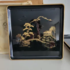和膳　脚付き　漆器　蒔絵（5客セット）金縁黒塗り　山水