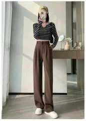 スーツパンツ ストレートパンツ レディース ハイウエスト 春 夏 ワイドレッグ ストレート ダブルブレスト ボトムス カジュアル ゆったり 薄手 シンプル 韓国ファッション