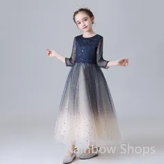 新品未使用子どもドレス ネイビー ホワイト グラデーション ロング丈 星 月 キッズ 夜空 星空 5分袖 発表会 演奏会 誕生日 プレゼント 110 120 130 140 150