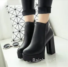 新品未使用 ショートブーツ 厚底 太ヒール シューズ レディース ブーティ ハイカット ハイヒール  歩きやすい