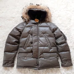 美品　リューグーレザーズ　Liugoo Leathers　レザー　ダウンジャケット　フード　羊革　ラムレザー　ラクーンファー　本革　リアルファー　肉厚　グレージュ　M　ミリタリー　本革ダウン　レザージャケット