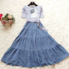 新品　ジャスグリッティー　JUSGLITTY　ティアードドッキングワンピース　サマーニット　ドレス　フレア　5分丈　ベルト　リボン　美シルエット　Aライン　ブルー系　1　S　ホームクリーニング可能　洗える　定価¥23000　カジュアル　フェミニン