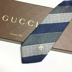 未使用級 グッチ GUCCI  ネクタイ シルク100% ネイビー / グレー ストライプ 刺繍 ハチ柄 261-519