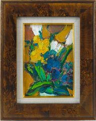 油絵 菅家令子絵 絵画インテリア額付(青緑＋金色の枠) uF6-063904壺花