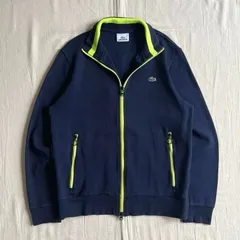 90s　vintage　ヴィンテージ古着　OLD LACOSTE　オールドラコステ　ワンポイントワニロゴ刺繍　Wジップアップ　トラックジャケット　襟付き　ハイネックジャージ　ネイビー　ネオンイエローライン　S相当　Y2K　C-BOY　track jacket