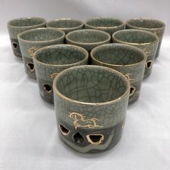 大堀相馬焼 湯呑 5客セット 走り駒 左馬 縁起物 二重焼 伝統工芸品