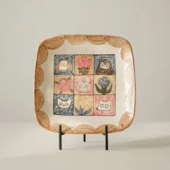 新品 角皿 スクエア プレート 手描き 猫 犬 動物 花柄 釉下彩 和食器 北欧