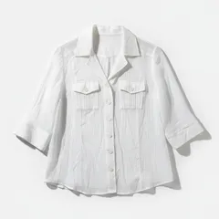 レリアン leilian シャツ Vネック ボーダー ポケット スリット裾 日本製 白 13＋サイズ 986726