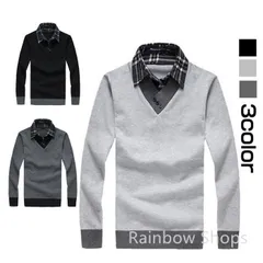 新品未使用   Vネックニットセーター ニット メンズ プルオーバー セーター 重ね着風 ニットウェア Vネック 長袖 無地 トップス 春 メンズファッション おしゃれ かっこいい 大人