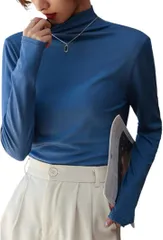 グリーンパキラ ハイネック 長袖 レディース レイヤード インナー トップス カットソー 重ね着 着回し インナーブラウス 伸縮 薄手 無地 シンプル おしゃれ オフィスカジュアル (ブルー,  XL)