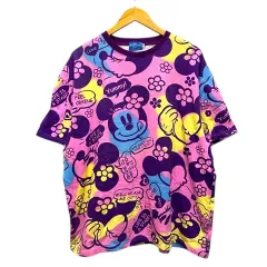 ディズニー Disney Tシャツ クルーネック コットン キャラクター 総柄 半袖 3L 紫 パープル