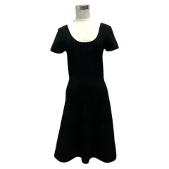 セオリー Theory ニットワンピース Uネック ウール混 ストライプ 半袖 ひざ丈 S 黒 ブラック