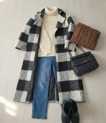 エレガント BIG CHECK ウール ロングコート 出品