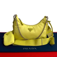 極 美品 希少品 PRADA プラダ リエディション 三角ロゴ 金具 ナイロン サフィアーノ レザー チェーン ショルダーバッグ イエロー 919-3