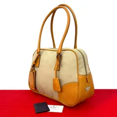 極 美品 PRADA プラダ 三角ロゴ 金具 キャンバス レザー 本革 トートバッグ セミ ショルダーバッグ ミニ ボストンバッグ ベージュ 2148a