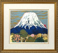 空飛ぶ前衛抽象作家の糸川裕志の富士山曼荼羅の中の油絵、F8号額入り