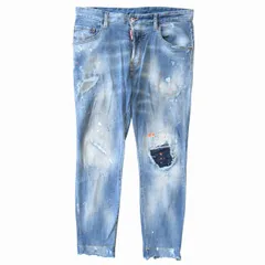美品 ディースクエアード DSQUARED2 スーパー ツインキー ジーンズ デニム スリム パンツ ダメージ リペア ペイント 加工 ストレッチ 切りっぱなし S74LB0808 サイズ48 ブルー メンズ