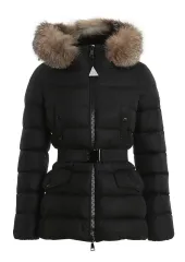 モンクレール ブラック ダウン ベルト付き フード ファー レディース