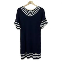 ブルーレーベルクレストブリッジ ワンピース サイズ38 M レディース美品  - ダークネイビー×ライトグレー Vネック/半袖/ひざ丈/フリル