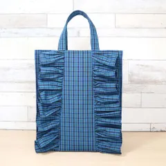 フリル付き ファミリア風 ブルーグリーンチェック タータンチェック マチありポケット付き　紙袋型トートバッグ　紙袋風バッグ　通勤バッグ　A4対応　サブバッグ　四角いトート　大人ナチュラル 上品かわいい お出かけにも便利 ハンドメイド