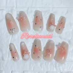 【No.30】チークネイル･コーラルピンク･肌馴染み･ワンホン･韓国･リボン･ガーリー･デート･ちゅるん･春･ネイルチップ