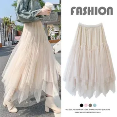 チュールスカート レディース スカート お花見 桜 さくら 不規則 ロングスカート フレアスカート マキシ ウエストゴム フリル ボリューム ファッション ゆったり 動きやすい 夏 春 体型カバー