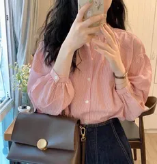 ブラウス レディース シャツ 開襟 ストライプ バルーン袖 長袖 トップス おしゃれ シンプル カジュアル 大人可愛い ファッション