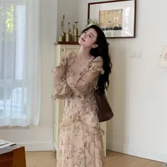 ワンピース ロングワンピース レディース フリル バルーン袖 ワンピース マキシ丈 ロング 長袖 花柄 ゆったり 体型カバー カジュアル きれいめ 大人可愛い おしゃれ シンプル ファッション 春 新作 通勤 通学