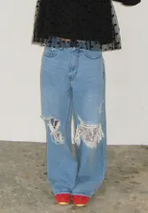 ロンロンダメージワイドデニムパンツ ライトブルー