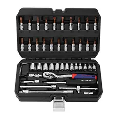 【迅速に発送】WORKPRO ソケットレンチセット ラチェットレンチ オフセットタイプ 差込角6.35mm（1/4インチ) 46点組 自動車修理 車メンテナンス ガレージツールセット 作業セット 工具 道具 専用収納ケース付属 7c55abb6