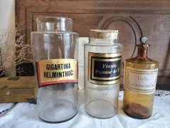 フランス アンティーク 大きい 　吹きガラス　ガラス瓶　ポット　薬局　3点セット　1900年