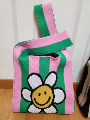 新品) ニット手提げバッグ (ピンク ストライプ スマイル)
