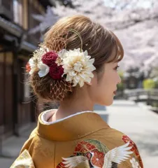 優雅ダリア髪飾り♥成人式髪飾り 振袖 卒業式 袴 結婚式   ワイヤーリボン・水引き・和玉・金箔 レッド赤/ゴールド