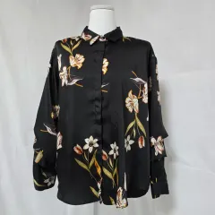 ZARA ベーシック フラワーパターン 袖シャーリング ブラック 季節の変わり目ブラウス レディース90 0806