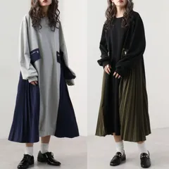 ワンピース ワンピース ゆったり プリーツワンピース 膝下 レディース ロングワンピース  配色　長袖 きれいめ  大人可愛い