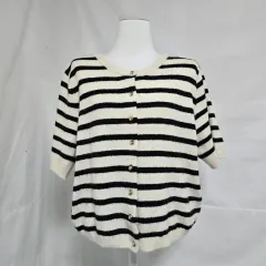 H&M ストライプ ニット 半袖 カーディガン アイボリー ブラック レディース95 1021