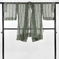【美品】 道中着 身丈90cm 裄丈66cm M 和装コート 縞 幾何学模様 よもぎ色 正絹 秀品 【中古】