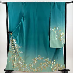 振袖 身丈161cm 裄丈64.5cm M 袷 和田光正 落款 鶴 金通し 金銀彩 緑 正絹 秀品 【中古】