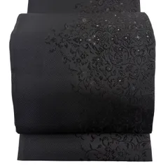 【美品】 袋帯 秀品 花唐草 ラインストーン 銀糸 黒 お太鼓柄 正絹 【中古】