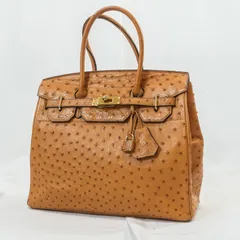 オーストリッチ ハンドバッグ 自立型 キャメル ブラウン 本革 ダチョウ革 カデナ付き ゴールド金具 レディース トートバッグ 高級 エキゾチックレザー 通勤 フォーマル