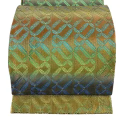 【美品】 袋帯 秀品 幾何学模様 金糸 金彩 茶緑色 全通 正絹 【中古】