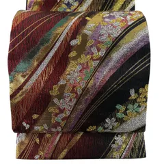 【美品】 袋帯 秀品 振袖向き 草花 幾何学模様 箔 赤黒 六通 正絹 【中古】