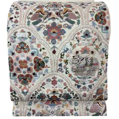 袋帯 秀品 華文 向かい鳥 刺繍 金糸 ベージュ お太鼓柄 正絹 【中古】