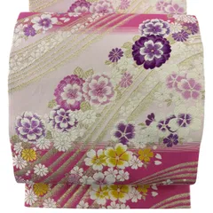 【美品】 袋帯 名品 振袖向き 桜 菊 箔 ピンク 六通 正絹 【中古】