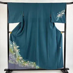 付下げ 身丈156cm 裄丈66cm M 袷 翠山工房 落款 辻が花 金彩 ぼかし 青緑 正絹 名品 【中古】