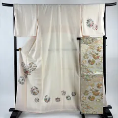 付下げ 身丈161cm 裄丈66.5cm M 袷 袋帯セット 花丸文 草花 刺繍 薄ピンク 正絹 秀品 【中古】