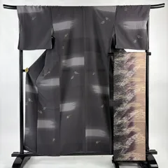 【美品】 小紋 身丈158cm 裄丈69cm L 袷 袋帯セット 葉柄 霞 金彩 灰色 正絹 秀品 【中古】
