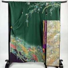 振袖 身丈163.5cm 裄丈68cm L 袷 袋帯フルセット 落款 辻が花 金彩 ぼかし 緑 正絹 名品 【中古】
