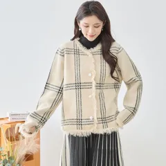 ★最終セール価格￥3280★残り1点☆【TRUBE】チェック柄 フリンジ シャギー ニット ジャケット パールボタン M〜L (ベージュ) (N25-308) レディース 婦人服 カーディガン ツイード風 大人可愛い きれいめ 秋 冬 春